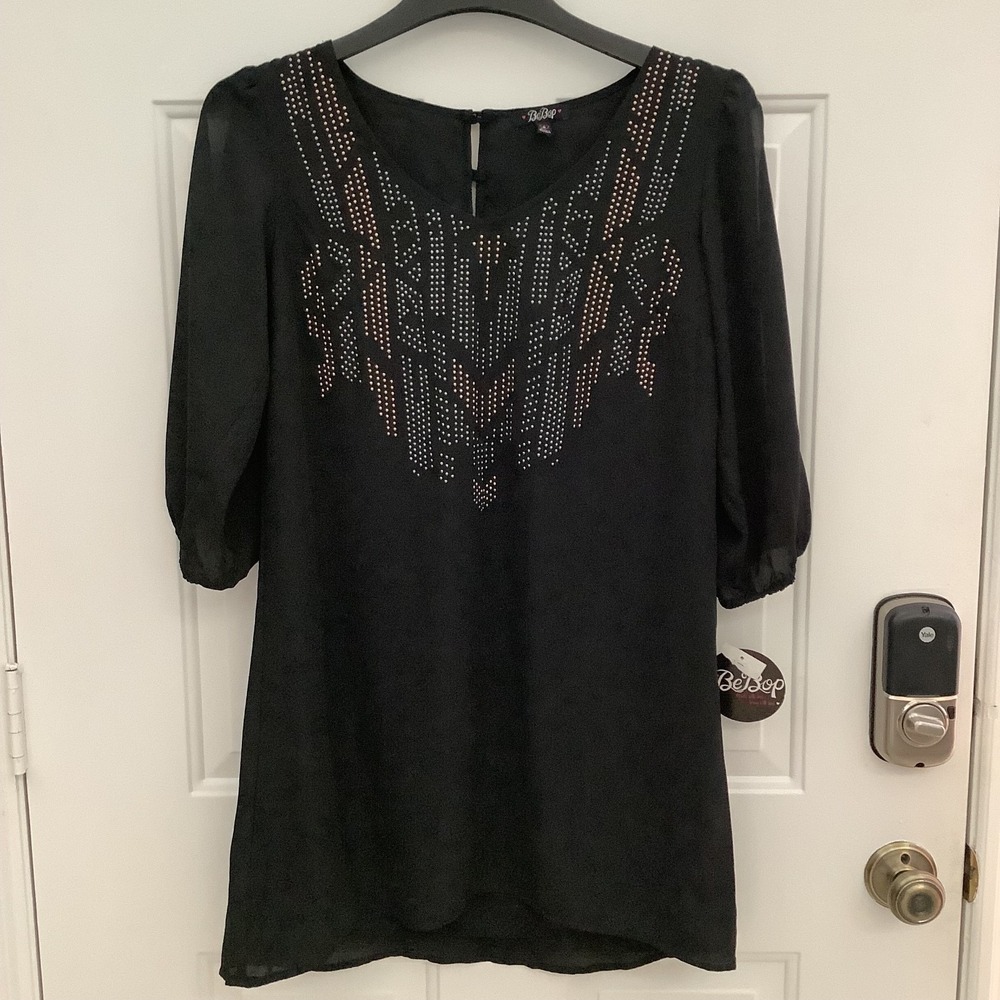 BeBop Long Shirt Dress Black w/ Stud Embellishments V Neck Size Medium NWT